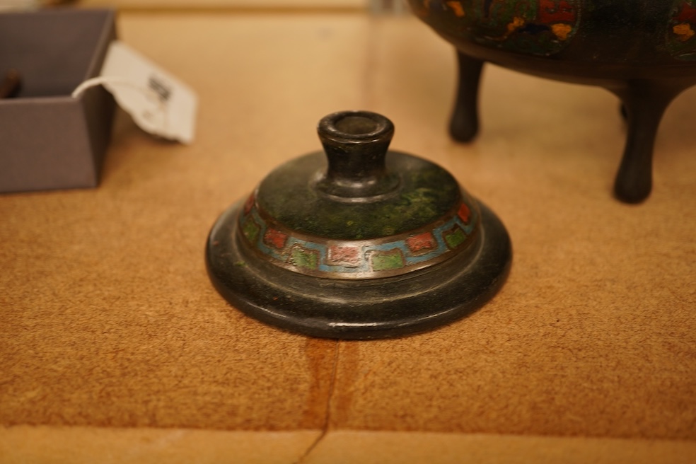 A Japanese twin handled champleve enamel koro and cover, 15cm high